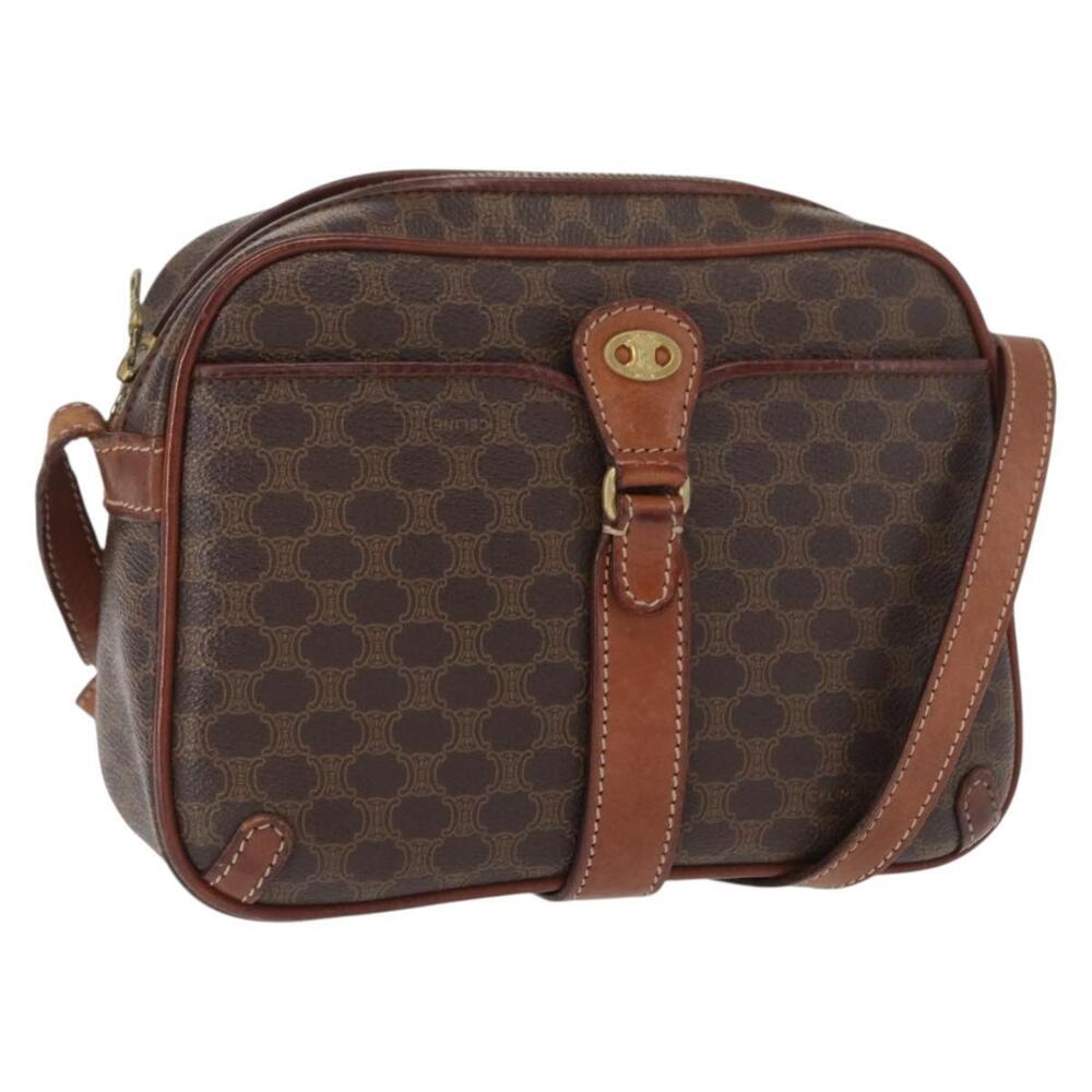 CELINE Macadam Canvas Shoulder Bag PVC Leather Brown Gold Auth 161163